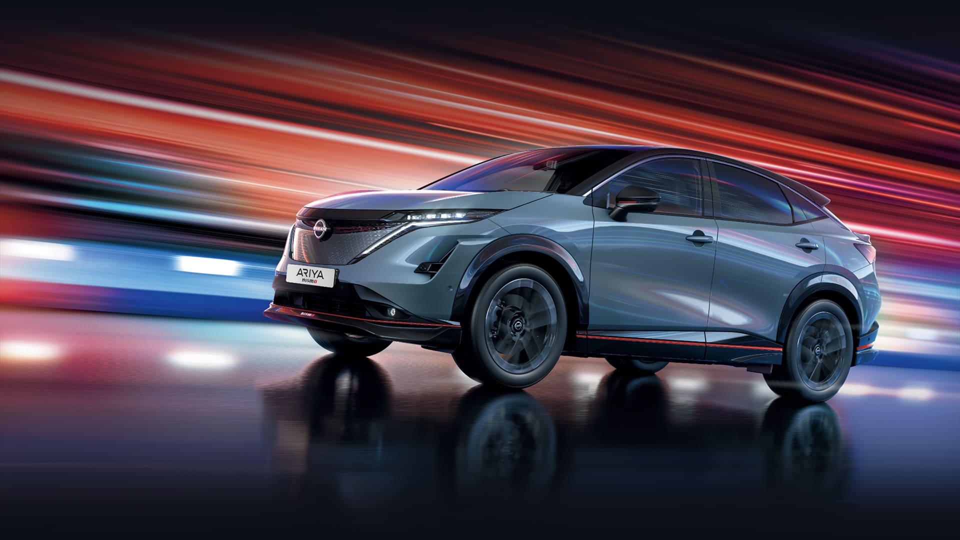 Nissan ARIYA Nismo videoloop van rijdende auto met animatie van de achtergrond en wielen